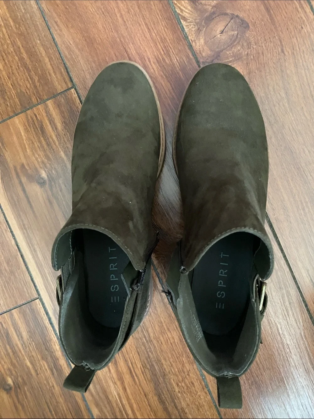 ESPRIT Women's Olive Green Faux Suede Ankle Boots with Side Buckle and Zipper 9